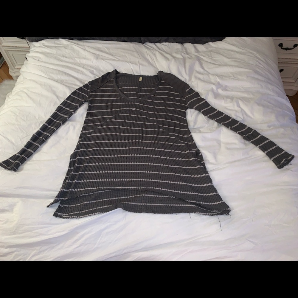 Free People Sunset Park Sage Green Oversized Striped Waffle Thermal Tunic - Picture 7 of 13